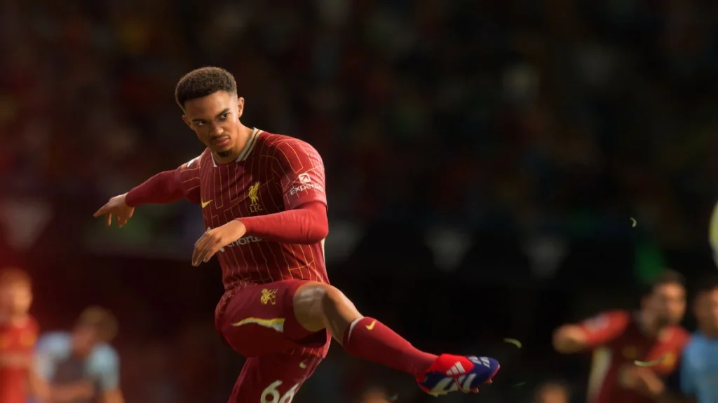 Trent Alexander-Arnold schießt den Ball in EA FC 25.